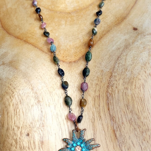 Genuine Multicolor Tourmaline Gemstone Turquoise Sun Necklace - Picture 4 of 8